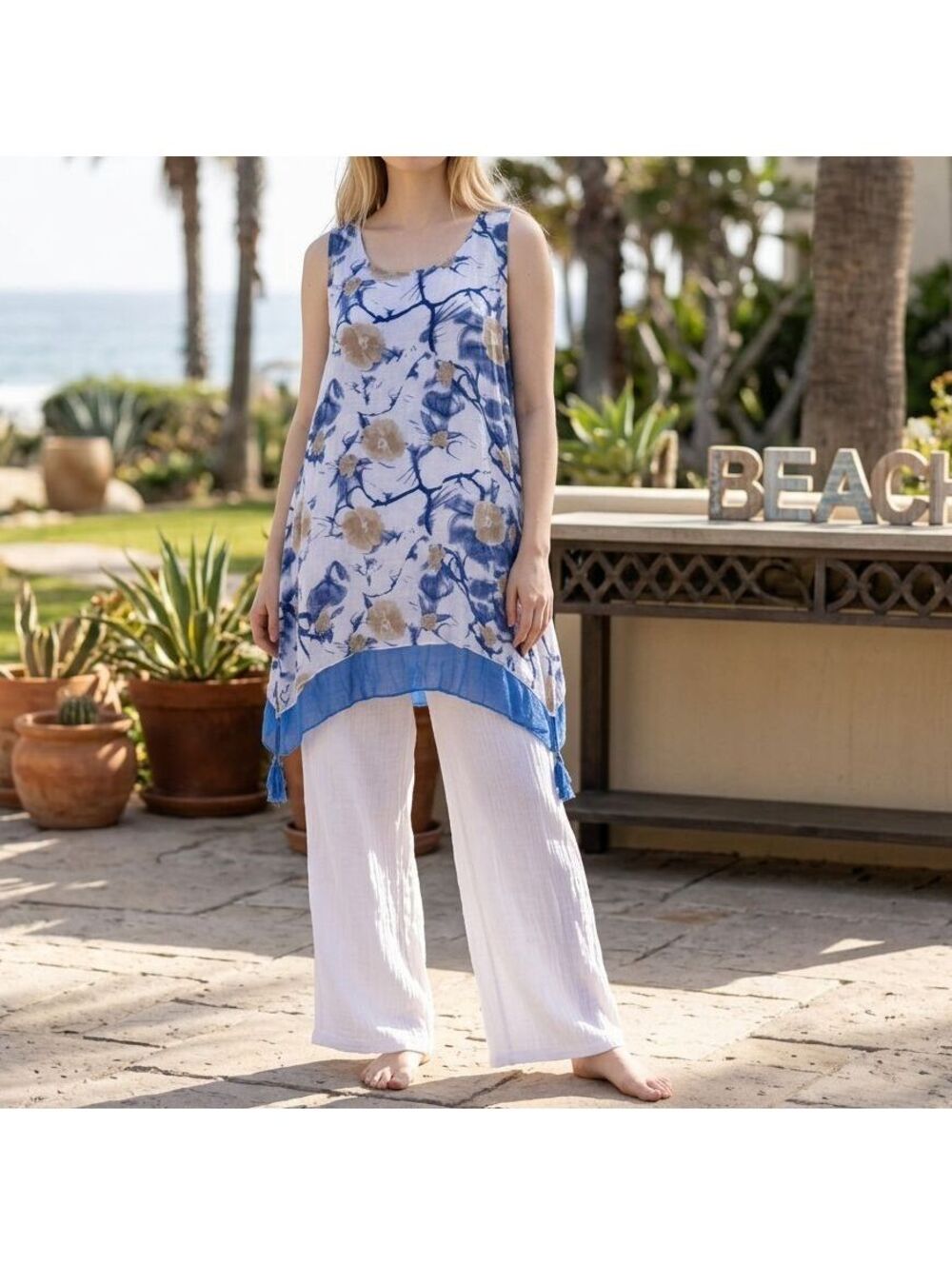 Zucar Women's Two-Piece Floral Print Tunic and Wide-Leg Pants Set Sz XL Layered